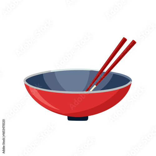 Red ceramic bowl with chopsticks for eating meals in an Asian style vector illustration