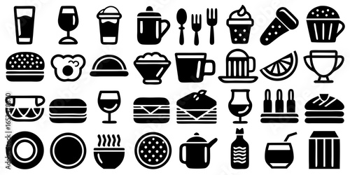 Assortment of food and drink icons including burgers, drinks, and desserts beverage hamburger