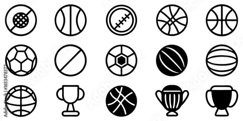 Assortment of Black and White Icons Representing Sports Balls and Trophies basketball soccer