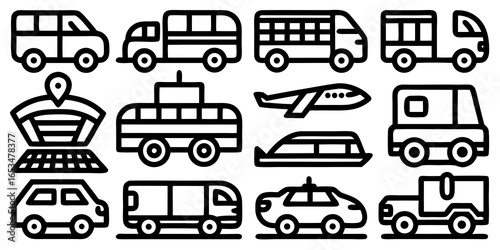Assortment of Line Art Icons Depicting Different Modes of Transportation truck airplane