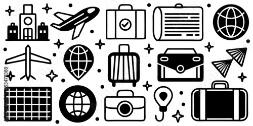 Travel and Transportation Icons Including Airplanes Luggage and Globe aircraft suitcase