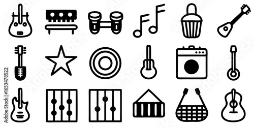 Assortment of Black Silhouette Musical Instruments and Symbols Icons guitar bass guitar