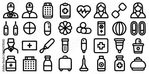 Collection of Medical and Healthcare Icons in Black Outline doctor nurse