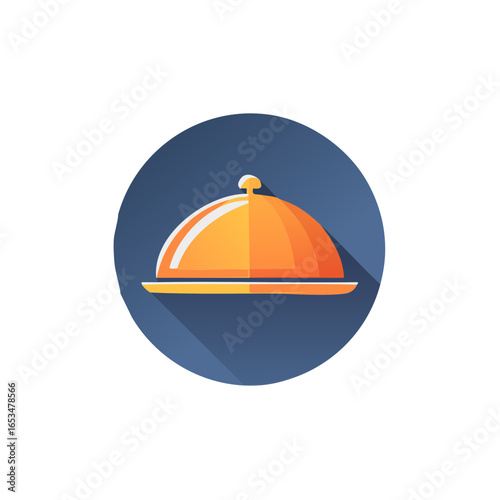 Restaurant food cloche icon with long shadow on blue background