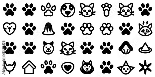 Assortment of Pet and Animal Paw Print Icons in Black Outline vector illustration