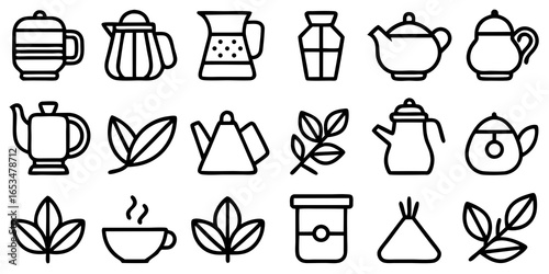 Assortment of tea and beverage related icons featuring teapots, cups, and leaves vector illustration