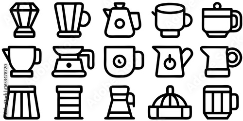 Set of kitchen appliance and drinkware icons in a minimalist outline style blender coffee maker