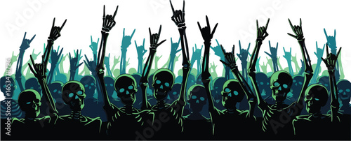 A crowd of skeleton figures raise hands in a rock and roll gesture.