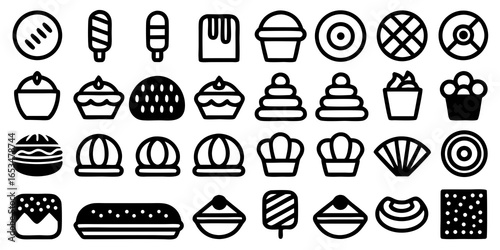 Variety of sweet treat and dessert icons including ice cream, cakes, and pastries popsicle