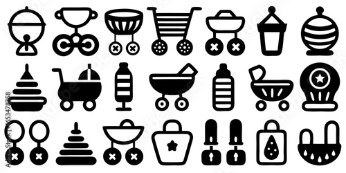 Assortment of black and white baby and children's toy icons on a white background stroller pram