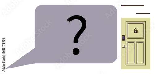 Door with lock and keypad representing access control beside a speech bubble with question mark. Ideal for security, technology, home safety, decision-making, access, privacy, simple flat metaphor