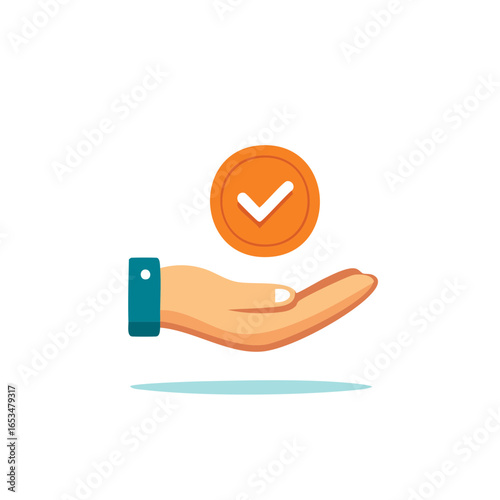 Hand presents approval checkmark coin depicting acceptance and validation in a flat design style for web and app integration