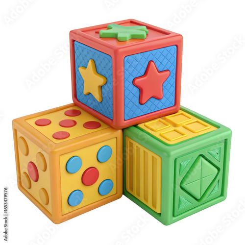 Educational toy blocks, colorful plastic building cubes for toddlers, sensory development play set, vibrant geometric shapes for early childhood learning isolated on Transparent Background
