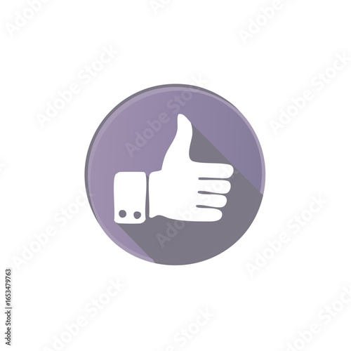 Flat design thumbs up icon with long shadow on a purple circular button for social media approval