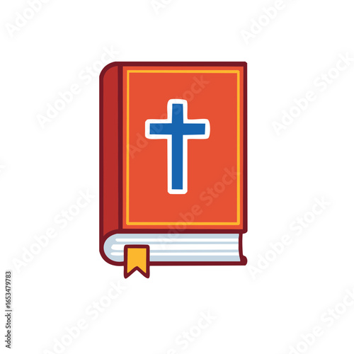 Holy Bible illustration with a cross on an orange cover and a yellow ribbon bookmark for religious or spiritual design themes