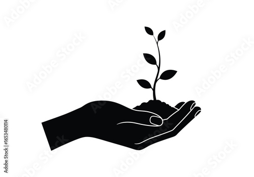 Plant Growth in a Hand, Nature Illustration, Indoor Setting, Close-Up View, Concept of Care and Sustainability
