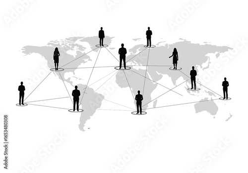 Global Connection Diverse Silhouettes Linked on World Map Representing Network and Community
