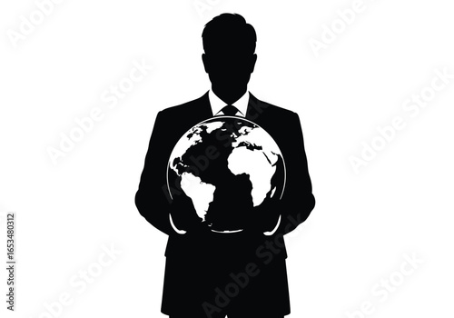 Silhouette of a businessman holding the Earth, symbolizing global business, international trade, and worldwide opportunities.