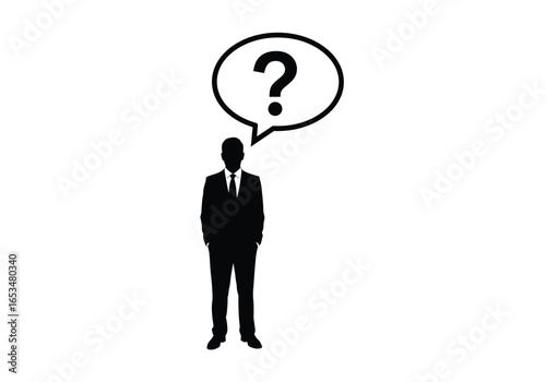 Silhouette of a businessman in a suit with a question mark in a speech bubble above his head, representing uncertainty and confusion in business