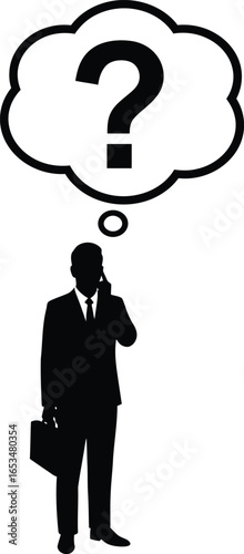 Silhouette of a Businessman Talking on a Cell Phone with a Question Mark in a Thought Bubble Above His Head, Indicating Confusion or a Problem to Solve