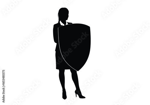 Silhouette of a businesswoman holding a shield, symbolizing protection, security, and corporate defense in business strategy.