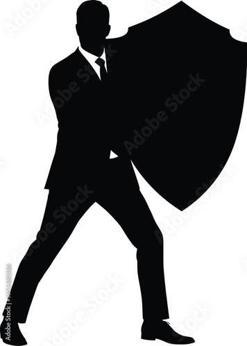 Silhouette of a businessman in a suit holding a large shield in a defensive stance, symbolizing protection, security, and business defense strategies.