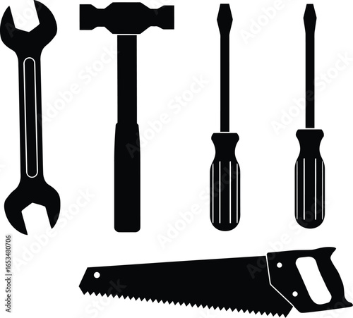 Silhouette of various tools including a wrench, hammer, two screwdrivers, and a handsaw, presented in a clear, isolated graphic on a white background.