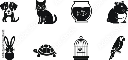 Collection of various domestic pet icons including a dog, cat, fishbowl, hamster, rabbit, turtle, birdcage, and parrot, all in a clean, modern, black and white silhouette style.
