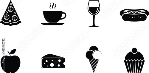 A collection of simple black and white icons representing popular food and drinks including pizza, coffee, wine, hot dog, apple, cheese, ice cream, and cupcake, suitable for various design projects.