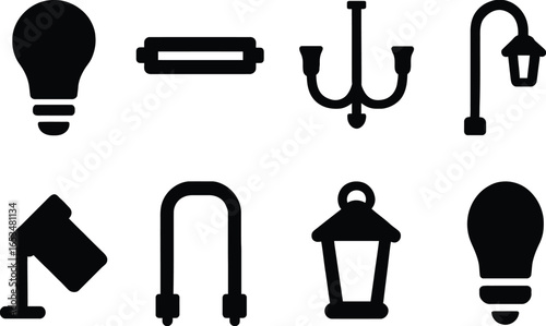 Collection of eight iconic lighting symbols and silhouettes, including chandeliers, streetlights, lamps, and light bulbs, perfect for design projects