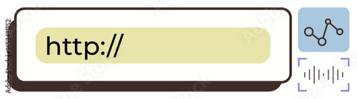 Browser address bar displaying http with adjacent analytics icons, symbolizing data search, web navigation, and analysis. Ideal for browsing, SEO, networking, analytics, data visualization