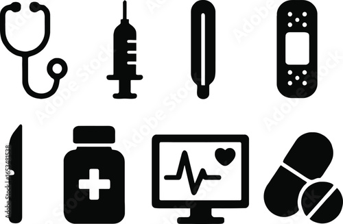 Medical health care icons including stethoscope, syringe, thermometer, bandage, knife, pill bottle, monitor with ECG, and capsules