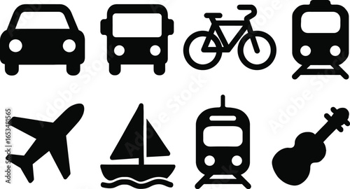 Collection of Transportation and Leisure Icons Car, Bus, Bicycle, Train, Airplane, Sailboat, Guitar