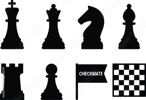 Collection of black and white chess pieces and a chessboard, including king, queen, knight, bishop, rook, pawn, and a checkmate flag, representing strategy and the game of chess.