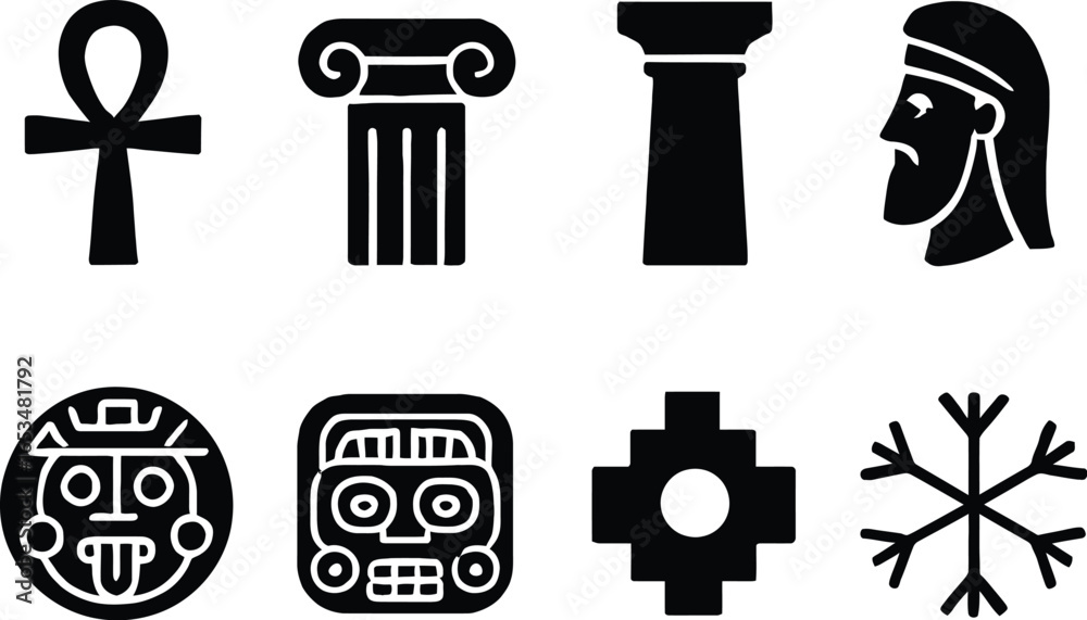 Naklejka premium Ancient Symbols and Cultural Icons A Collection of Hieroglyphs, Pillars, and Geometric Designs Representing History and Civilization