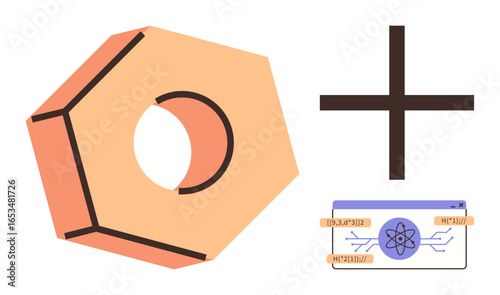 Abstract nut-shaped object, bold cross, and atomic nucleus within a digital UI. Ideal for engineering, science, technology, mechanics, innovation, digital systems simple flat metaphor
