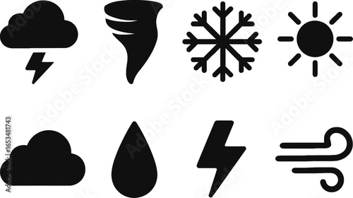 Diverse Weather Icons Cloudburst, Tornado, Snowflake, Sunshine, Raindrop, Lightning, and Wind - Vector Graphics for Meteorology and Climate