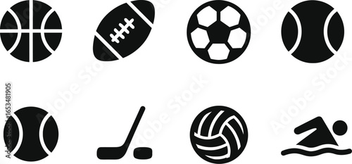 Collection of Sport Icons Basketball, Football, Soccer, Tennis, Hockey, Volleyball, Swimming and more generic sports symbols for your design needs