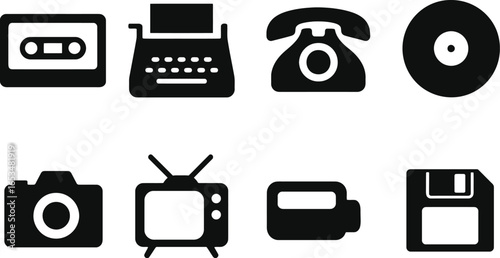 Retro Technology Icons Cassette Tape, Typewriter, Rotary Phone, Vinyl Record, Camera, Television, Camcorder, Floppy Disk - A Collection of Vintage Media Devices