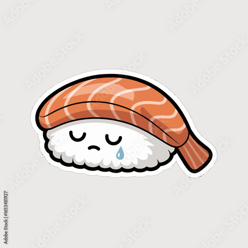 Illustration of a sad sushi isolated on white background, featuring a piece of salmon on top of rice with a tear drop, conveying a sense of melancholy and loneliness