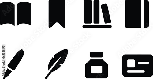 Collection of simple black icons representing reading and writing tools open book, bookmark, bookshelf, book, pen, quill, inkwell, and ID card, suitable for educational or informational design.