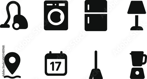 Clean Home Icons Vacuum, Washing Machine, Fridge, Lamp, Location, Calendar, Broom, Blender, Representing Household Chores and Appliances
