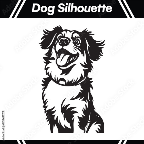 A black and white silhouette of a happy, long-haired dog with its tongue out, looking upwards.