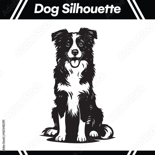 Detailed black and white silhouette of a sitting Border Collie dog with a happy expression, isolated on a white background.