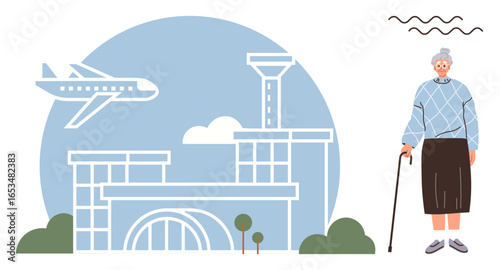 Elderly woman standing with a cane near an airport building and airplane flying in the sky. Ideal for travel, senior living, independence, journey, mobility, aviation themes, and minimal designs. A