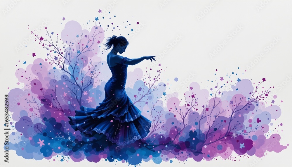 Obraz premium a flamenco performer portrayed in silhouette watercolor with cool blues and purples on white, subject centered with room around.