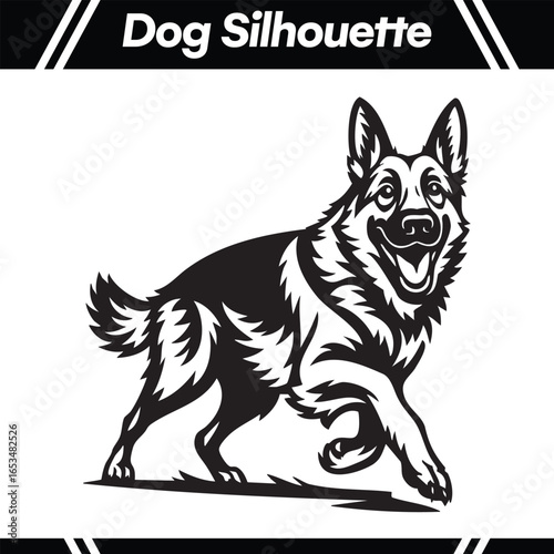 Black and white dog silhouette, a German Shepherd, running with a happy expression.
