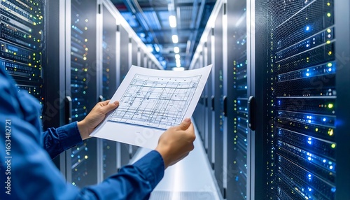 Technician reviewing server room blueprints