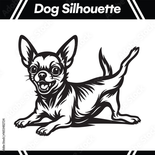 Black and white illustration of a Chihuahua dog silhouette, lying down with a happy expression.
