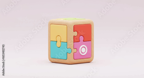 Wooden Cube Puzzle Toy with Colorful Interlocking Jigsaw Pieces.
